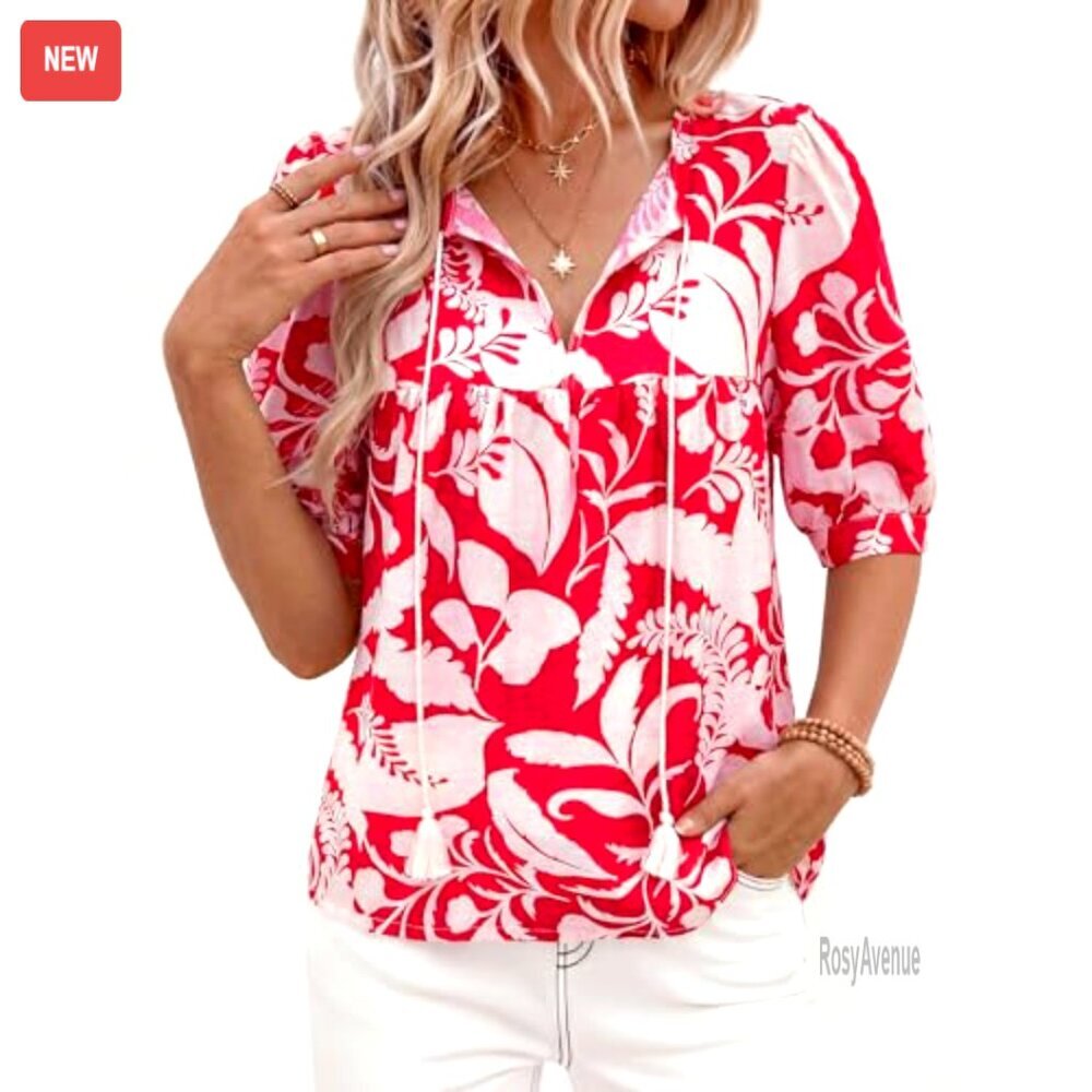 Boho Puff Sleeve Blouse Tie Front V Neck Casual Summer Top - Picture 4 of 7